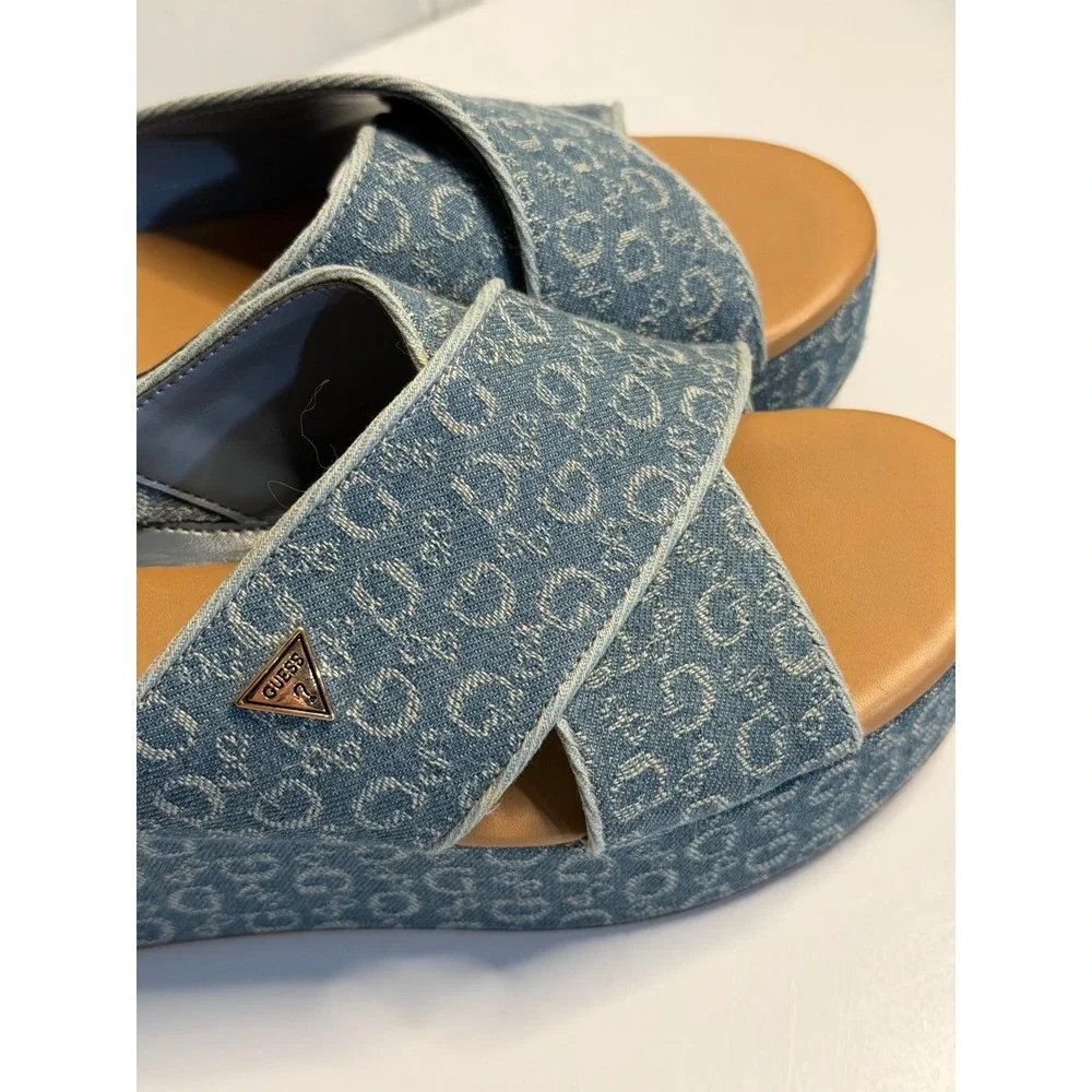 GUESS Denim Logo Platform Wedge Sandals Crisscross Womens SZ 7.5M Stylish Casul - Picture 4 of 9